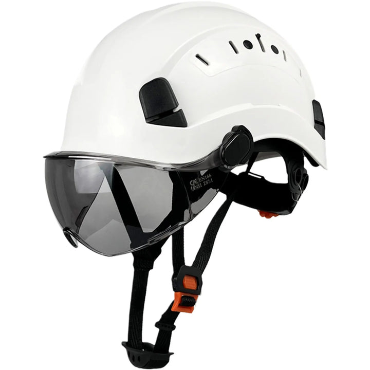 Versatile industrial safety helmet, hard hat with integrated goggles & face shield work gear.