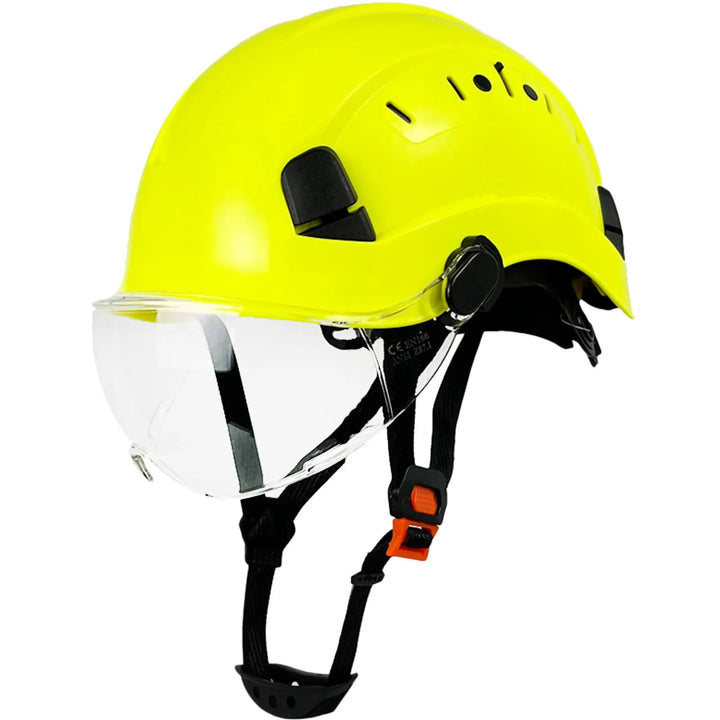 Stay safe with this industrial hard hat, integrated goggles, face shield & durable ABS plastic.