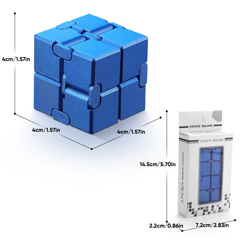 Variety of Infinity Fidget Cubes, showcasing different metallic finishes for stress relief