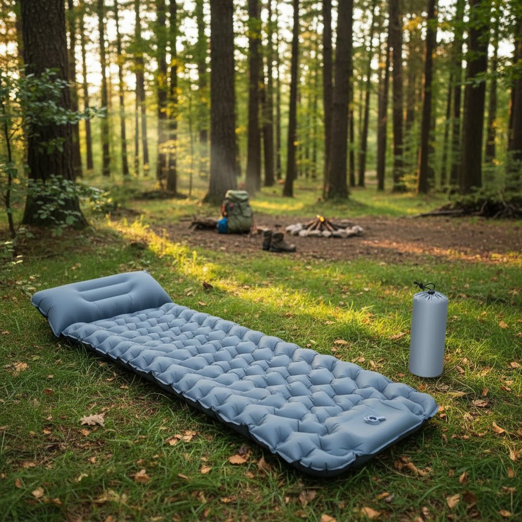 Unisex inflatable camping mattress with integrated foot pump. Lightweight & portable for hiking and outdoor sleeping.