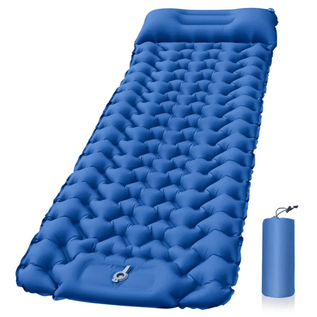 Lightweight yet durable inflatable camping mattress with foot pump for reliable and comfortable outdoor sleep.