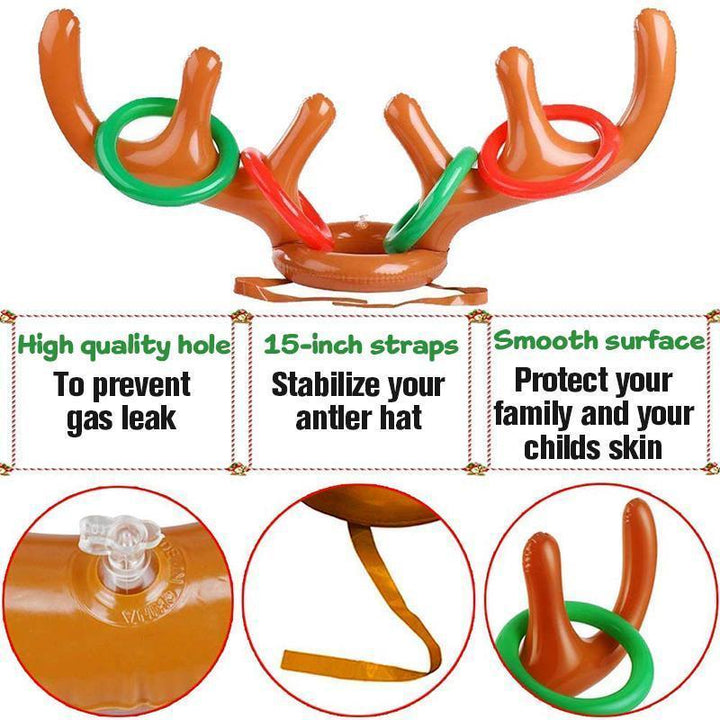 Inflatable reindeer antlers worn by a child, ready for ring toss game during Christmas