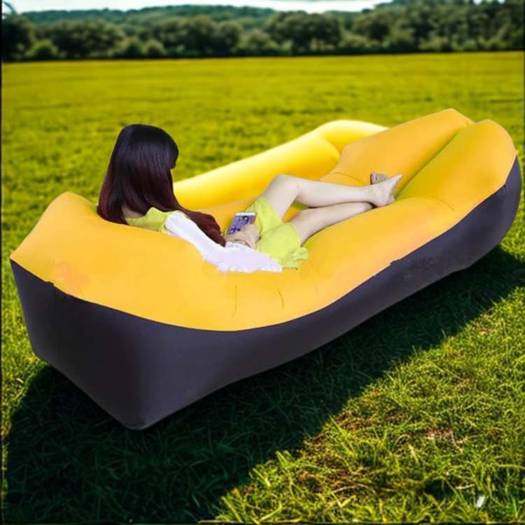Comfortable inflatable portable bed. Easy setup, no pump needed. Ideal for travel, beach, & outdoor use.