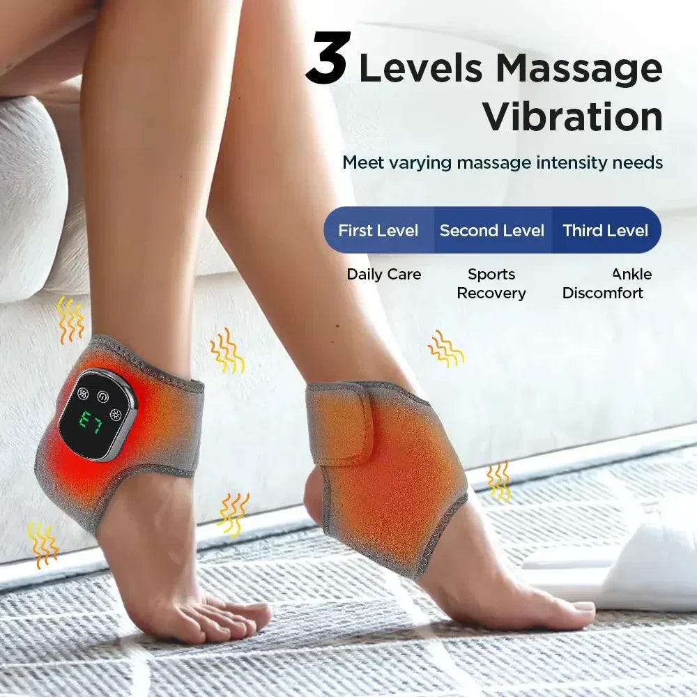 Compact unisex device combining infrared heat, hot compress, and vibration for wrist & ankle pain management.