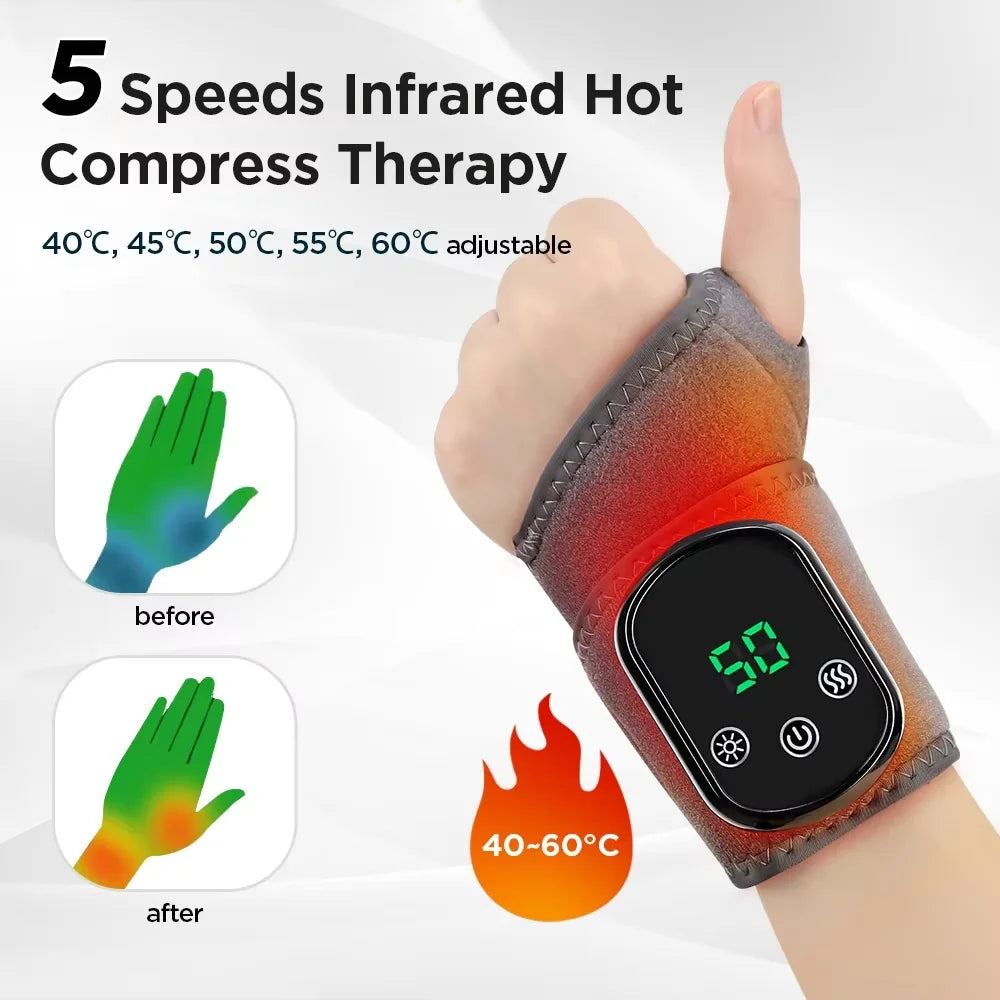 Therapeutic infrared massager delivering hot compress and vibration for wrist & ankle joint support & recovery.