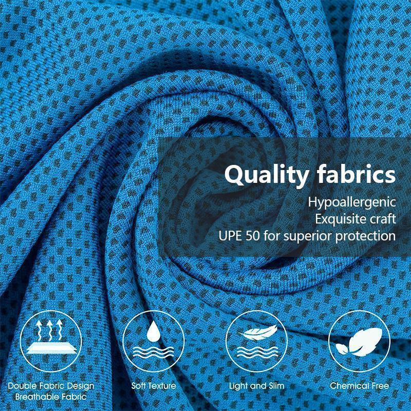 Active lifestyle shot featuring a user with a refreshing, damp cooling towel on their neck