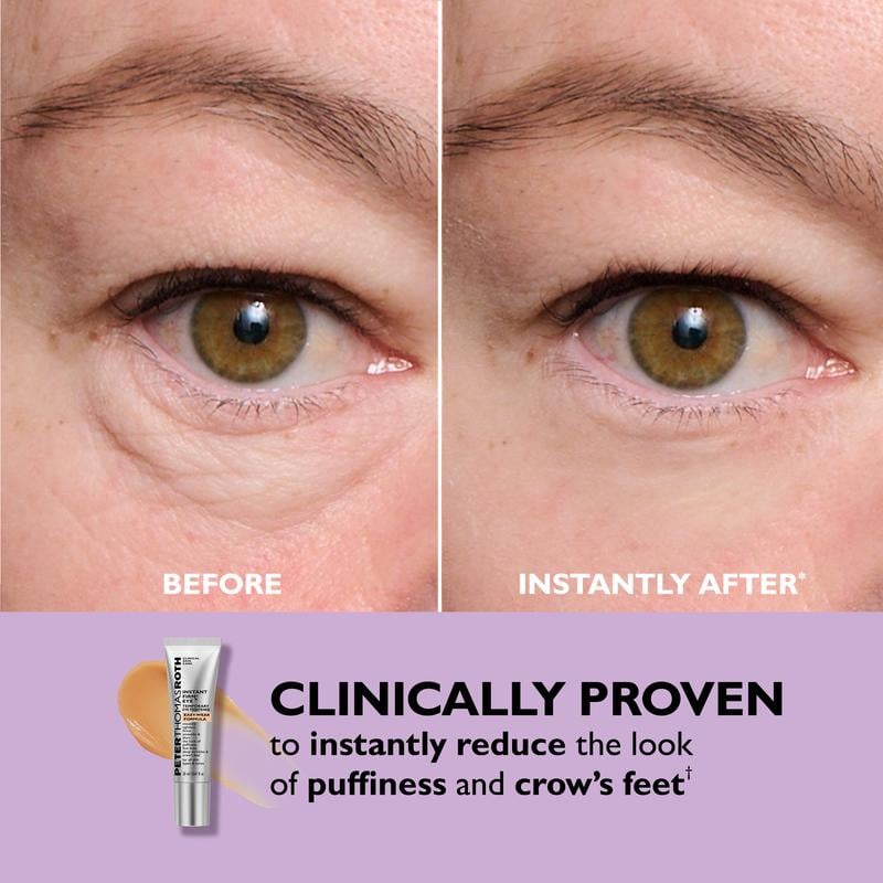 Hand holding instant eye tightening serum, showing clear glass bottle and gold cap
