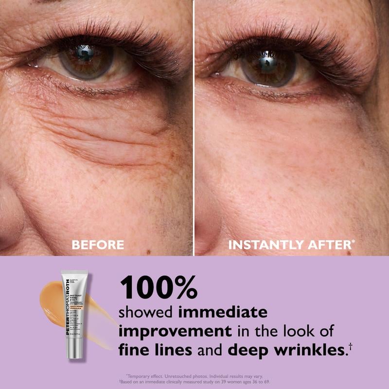 Model applying instant eye tightener serum with brush to under-eye area for skin tightening