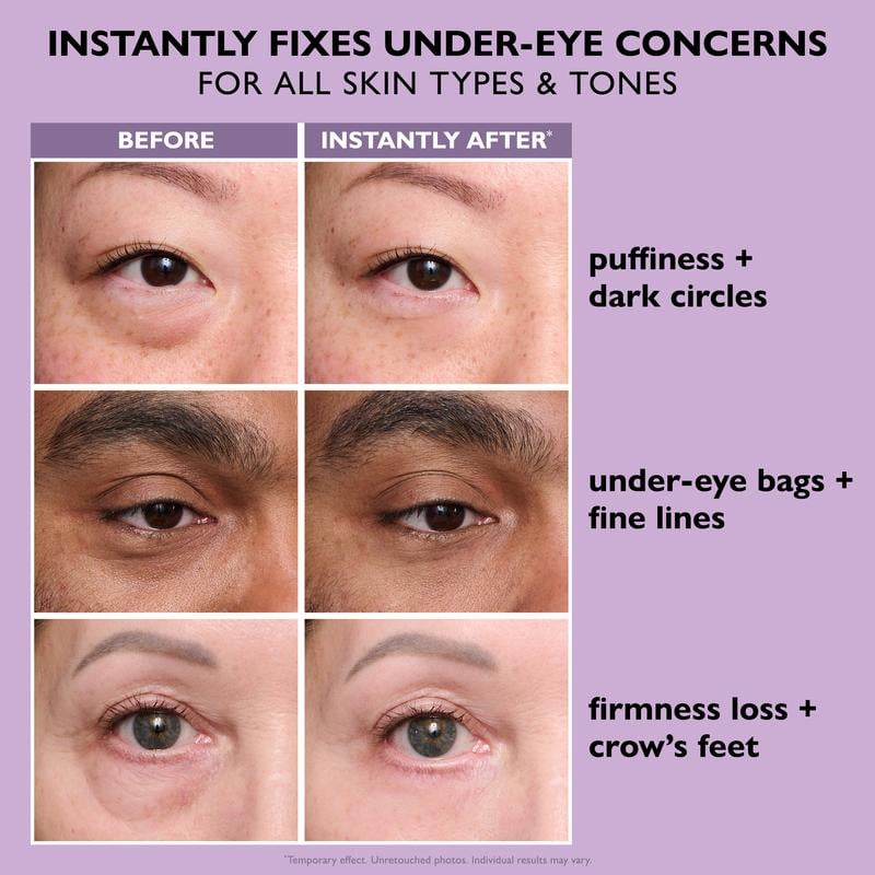 Ingredients list on the back of unisex instant eye tightener serum bottle