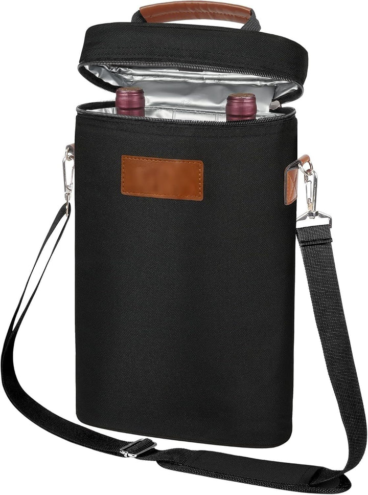 Unisex insulated dual wine bottle carrier bag for safe transport & temperature control. Perfect picnic or travel accessory.