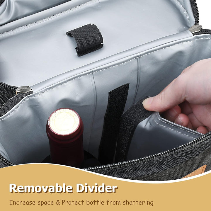 Convenient insulated wine carrier with adjustable strap; holds two bottles. Perfect for outings & outdoor dining.