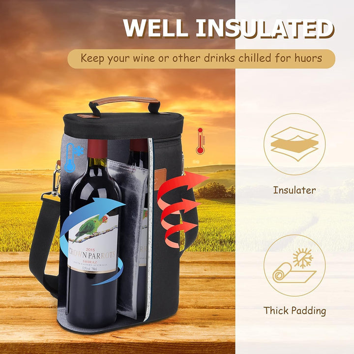 Portable insulated dual bottle tote bag for easy drink transport. A must-have picnic accessory & travel companion.