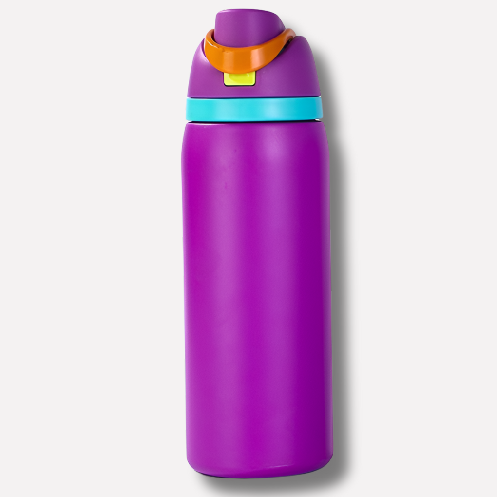 Leakproof insulated stainless steel water bottle with straw, keeps drinks cold, great for active lifestyles.
