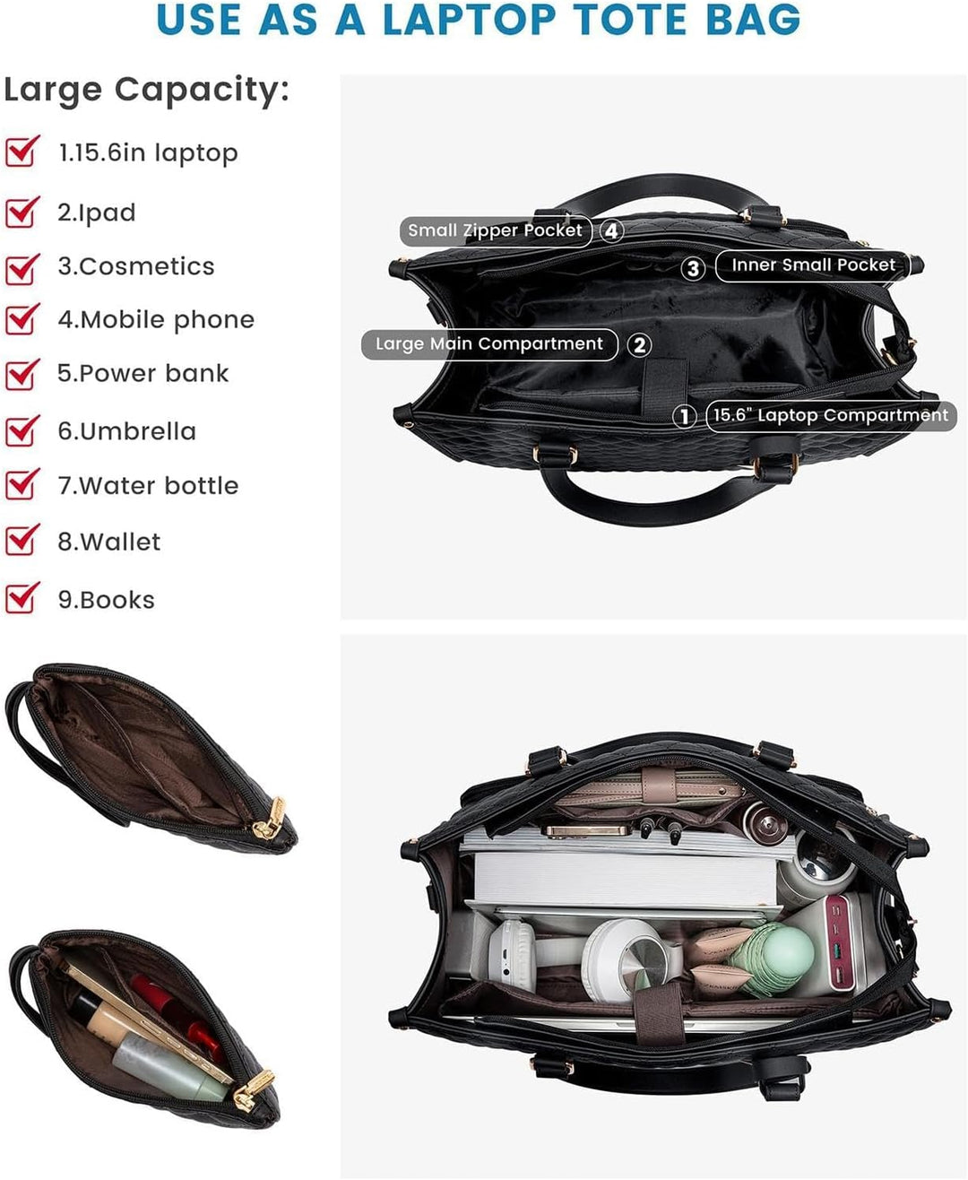 Travel tote bag with organized compartments. Insulated section for lunch & secure space for laptop. Ideal for daily commute.
