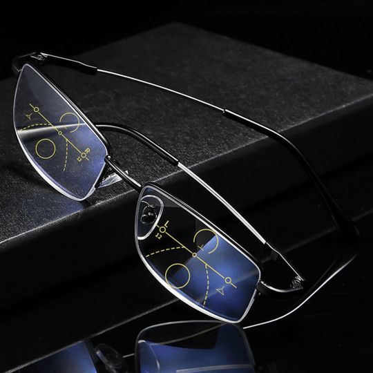 Unisex intelligent progressive reading glasses for multifocal vision correction, clear at all distances.