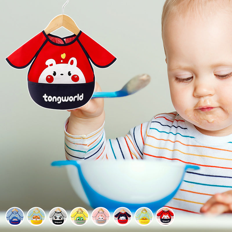 Purple long sleeve waterproof bib with food catcher pocket for kids, practical and stylish toddler feeding accessory