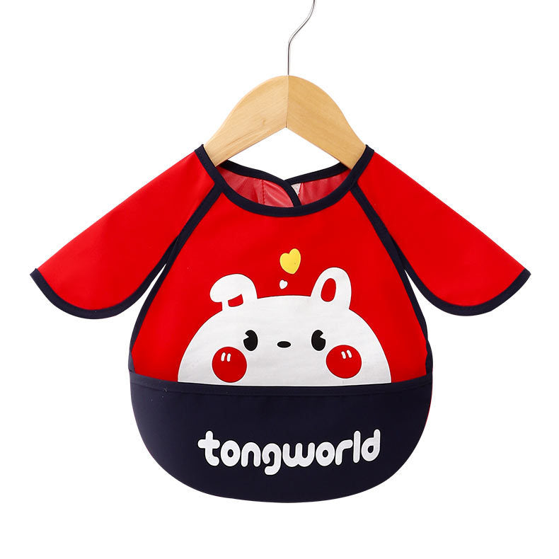 Close-up of a waterproof sleeved bib's food catcher pocket, showing its capacity to hold fallen food during feeding