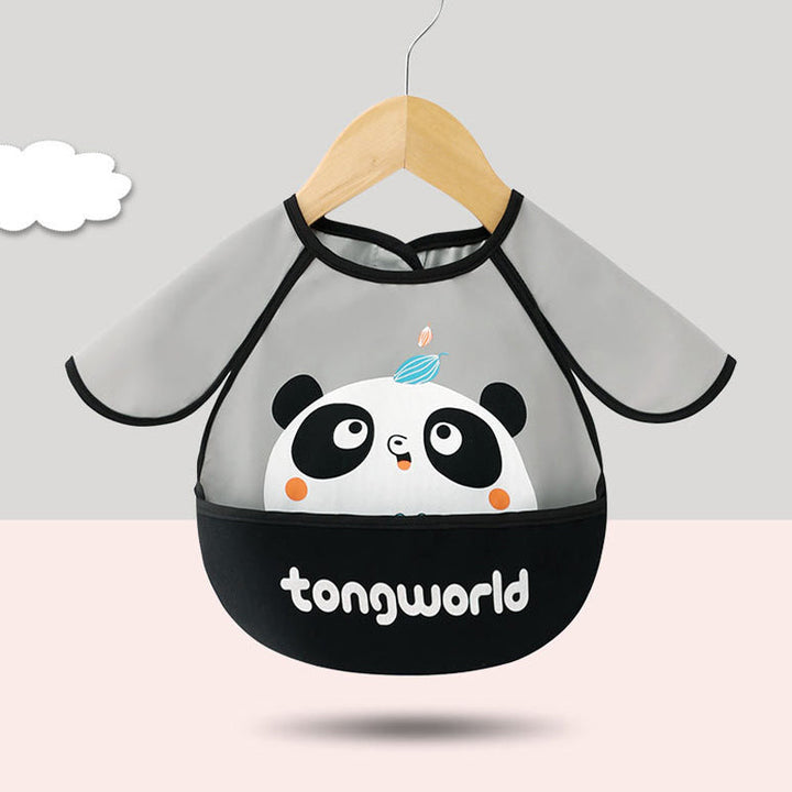 Practical long sleeve waterproof bib for toddlers, designed with a spacious food catcher and playful illustrations