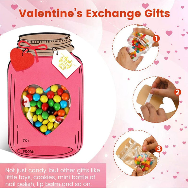 Children creating a personalized wishing jar greeting card with various craft supplies