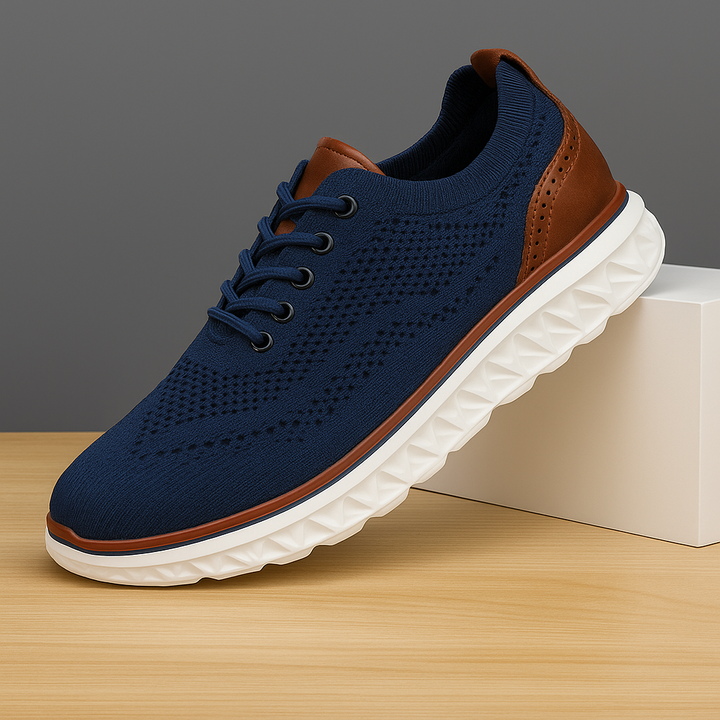 Side profile of cushioned orthopedic knit sneakers, showing thick sole for superior support and comfort