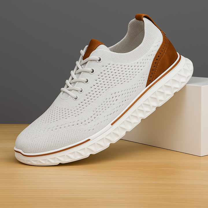 Pair of unisex knit sneakers, front view, showcasing wide toe box and cushioned heel for orthotic use