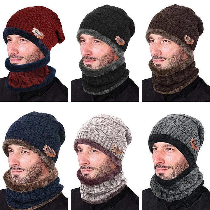 Unisex knitted beanie hat and matching scarf set in a cozy winter outdoor scene, showcasing warmth and style.