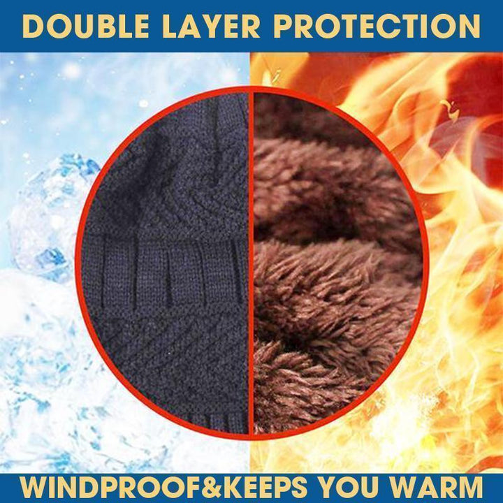 Lifestyle image of the beanie and scarf set in a snowy environment, illustrating its warmth and durability for winter activities.