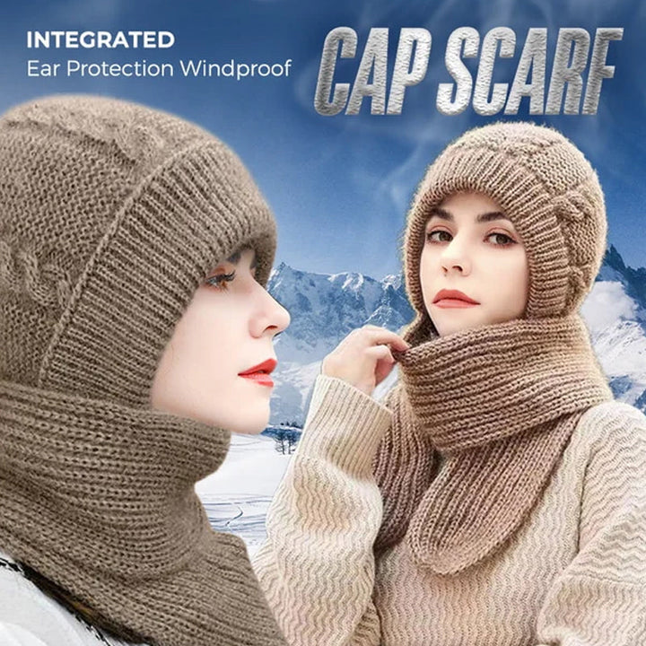 Unisex knitted cap scarf with integrated ear protection, windproof & thermal for winter outdoor activities