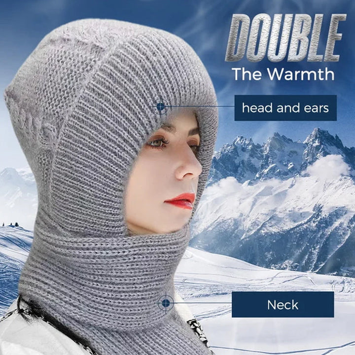 Close-up of integrated ear protection on a unisex windproof thermal cap scarf, ideal for winter