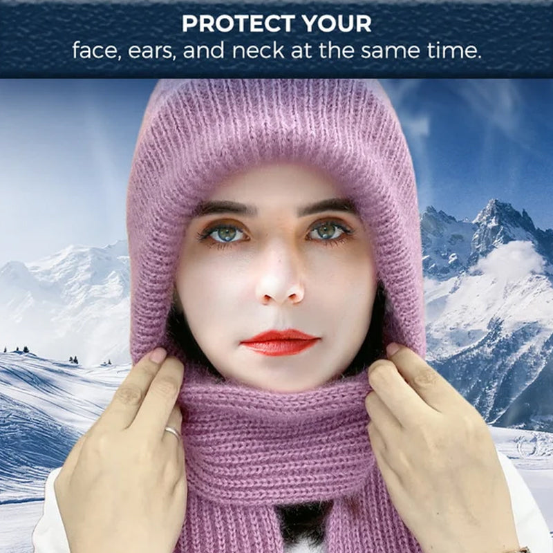 Front view of a unisex knitted cap scarf, designed for warmth, windproof and ear protection in winter