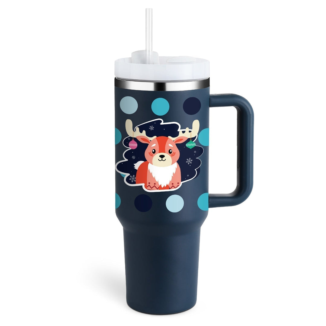 Hot/cold drinkware: insulated mug with handle & straw, great for any beverage.