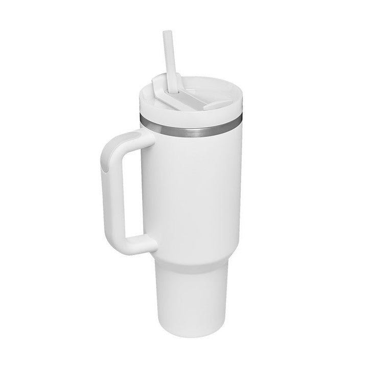 Dependable large insulated travel mug with handle & straw, robust construction.