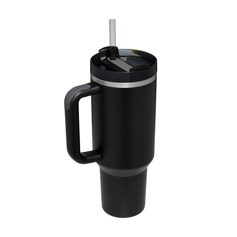 ChillMate large insulated travel mug with straw and sturdy handle.