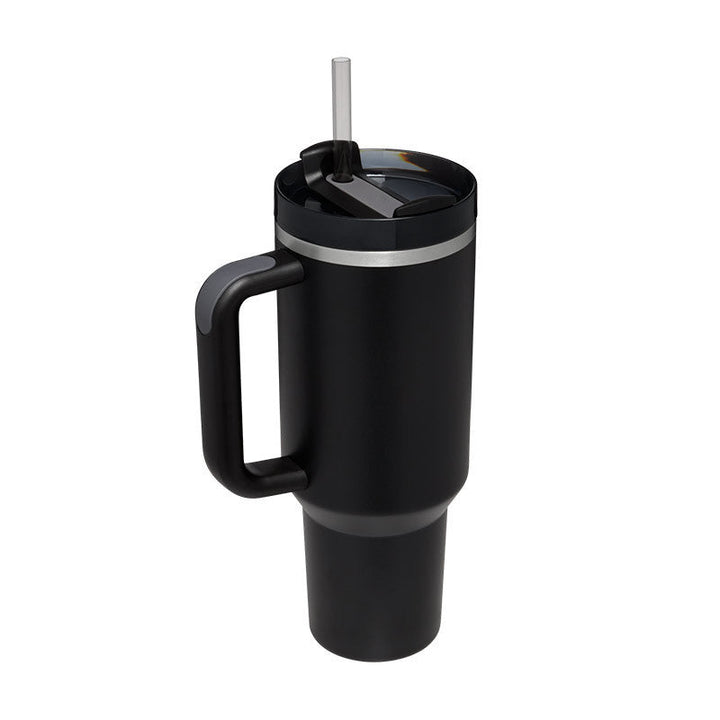 ChillMate large insulated travel mug with straw and sturdy handle.