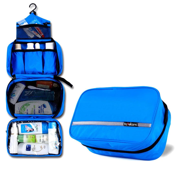 Large unisex waterproof travel toiletry bag, showcasing multiple compartments for superior organization.
