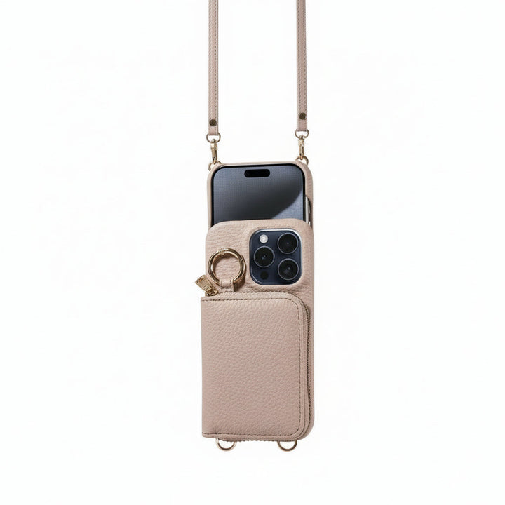Unisex leather iPhone wallet case with secure zipper, card slots & phone protection.