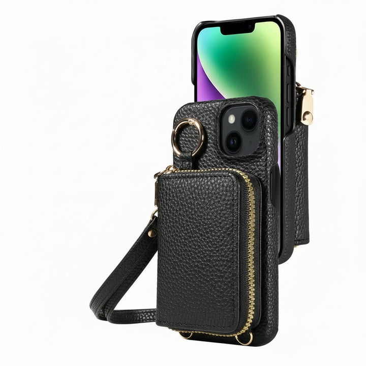 Stylish black leather iPhone case with card holder, zipper & detachable lanyard.