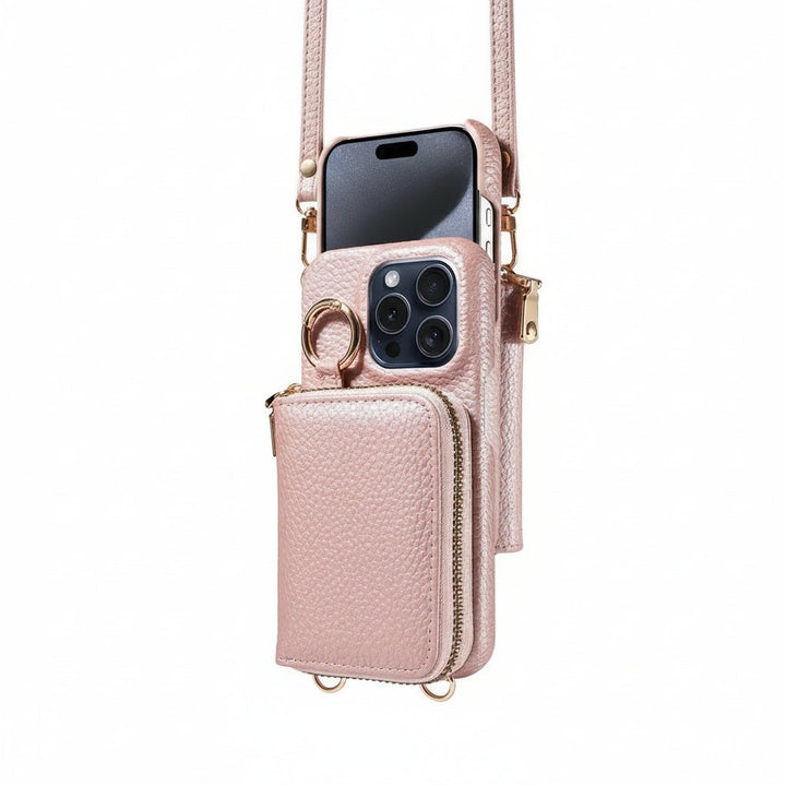 Multifunction khaki leather iPhone wallet case with card slots, zipper & protection.