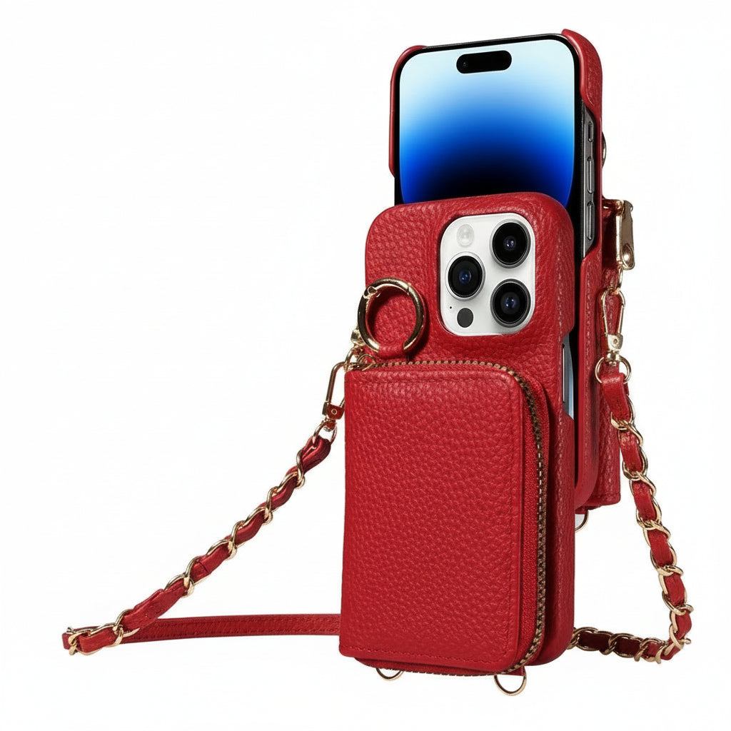 Rose gold leather iPhone cover with card holder, zipper pocket & lanyard for secure storage.