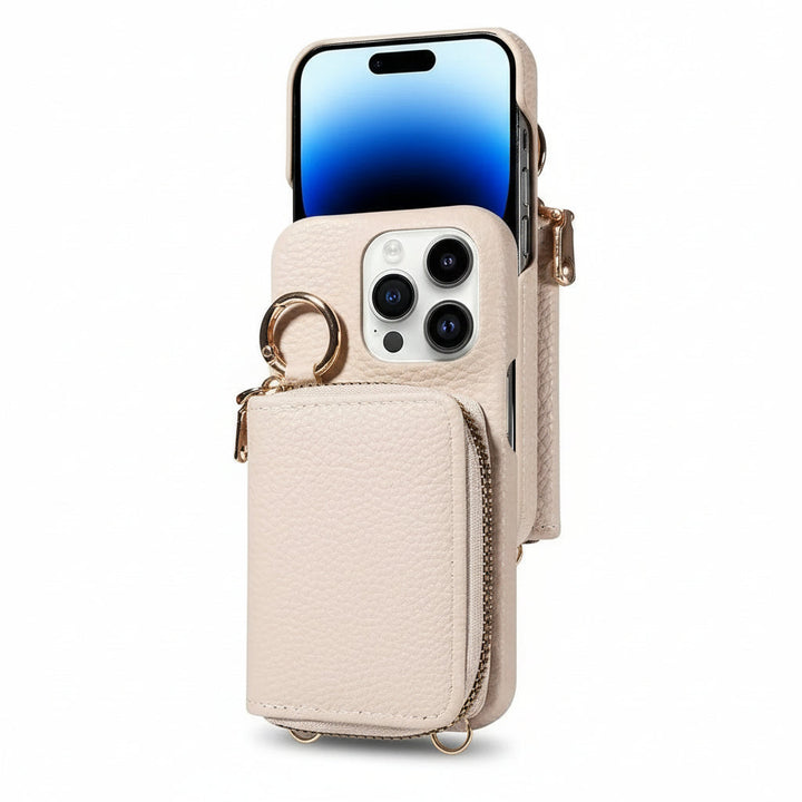 Red leather iPhone wallet case, card holder & secure zipper for daily phone protection.