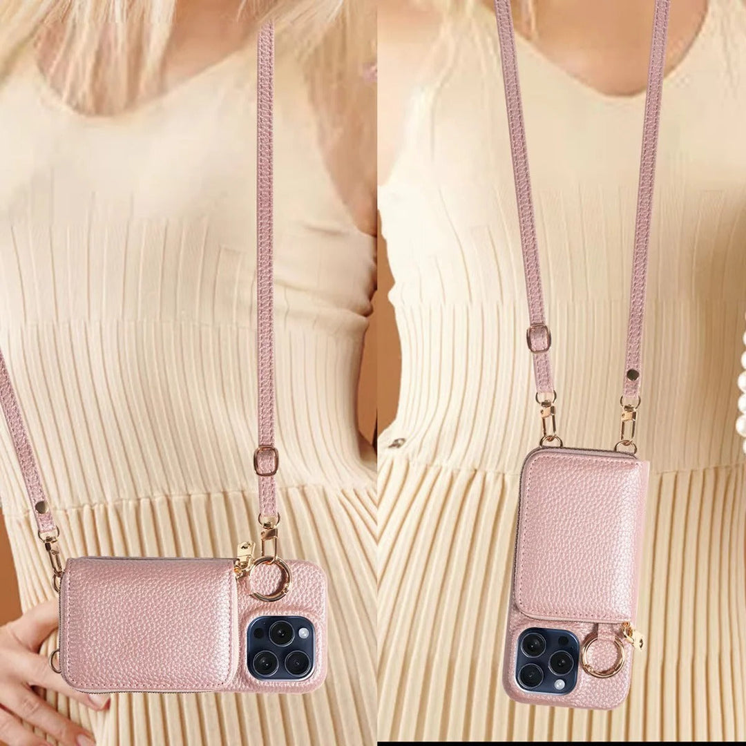 Stylish white leather iPhone case & wallet with multiple card slots & secure zipper.