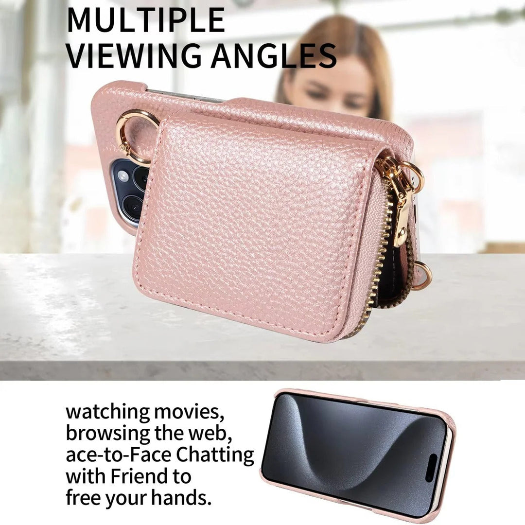 Premium leather iPhone wallet case with card slots, secure zipper & full phone protection.