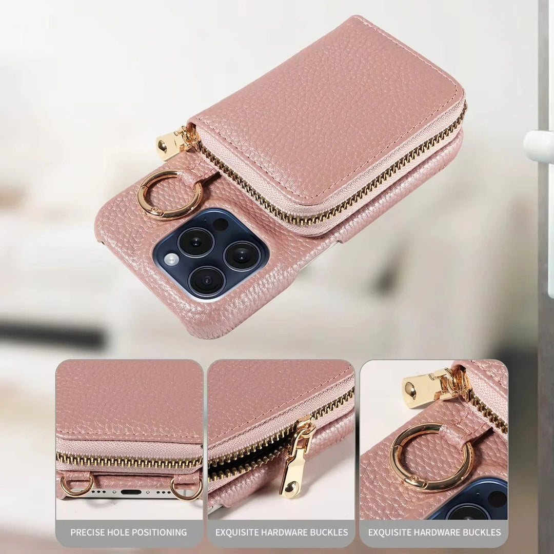 Sleek black leather iPhone cover with secure zipper, card holder & durable phone protection.