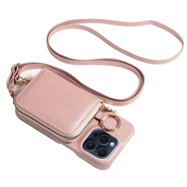 Khaki leather iPhone case with wallet, card slots, zipper closure & detachable lanyard.