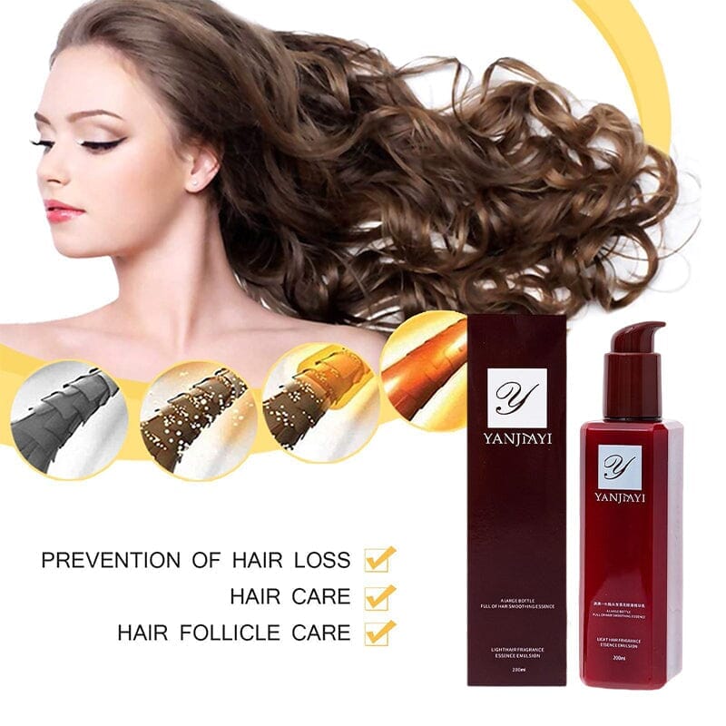 Close-up of hair before and after using Unisex Leave-In Smoothing Serum, showing shine & smoothness.