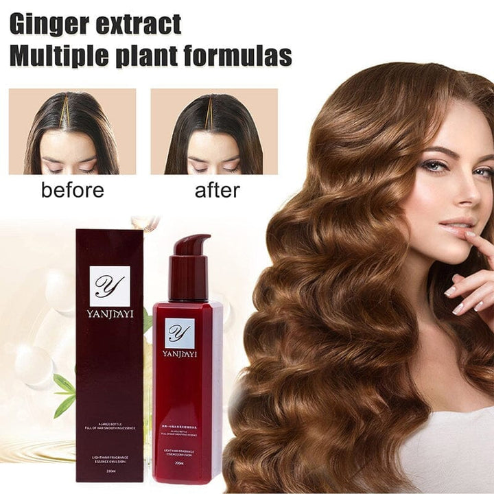 Unisex Hair Smoothing Serum bottle on a vanity, highlighting its hair care and aroma properties.