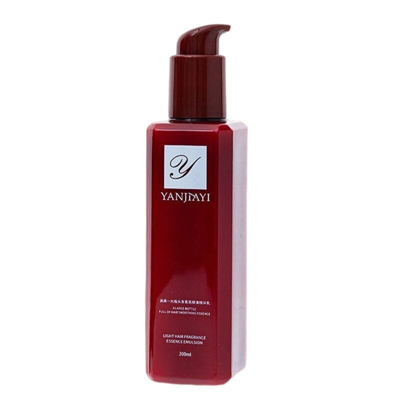 Packaging of Unisex Leave-In Hair Smoothing Serum, detailing frizz control and shine benefits.