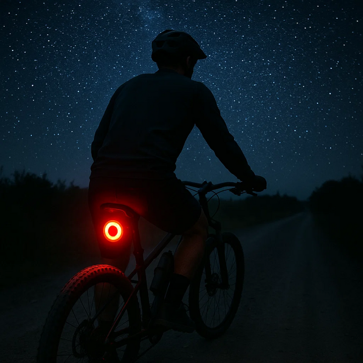Rear view of a compact, bright red LED bicycle tail light, showcasing brake sensing & high visibility.