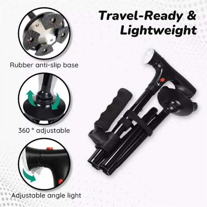 Portable folding walking cane with bright LED light for enhanced safety & support, ideal for seniors.