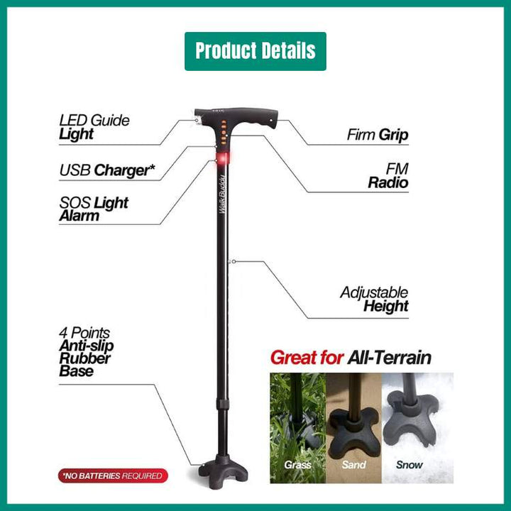 Durable folding walking cane for seniors, featuring an integrated LED light for nighttime safety & improved visibility.